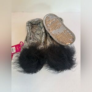Candie's Black and Gray Fuzzy Slippers and Sparkle Eye Mask